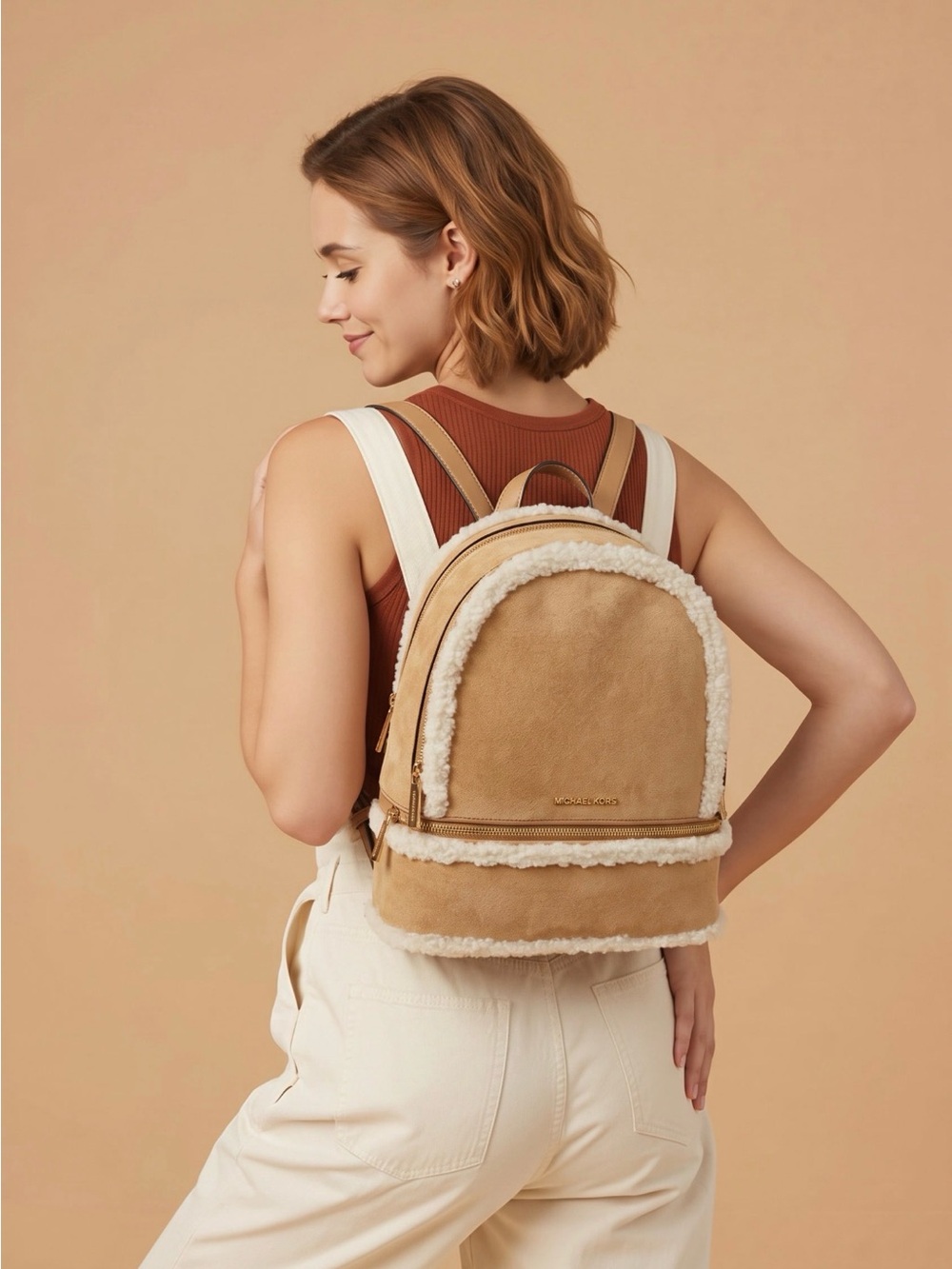 MICHAEL KORS Suede Tan Backpack with Cream Sherpa Trim NWT